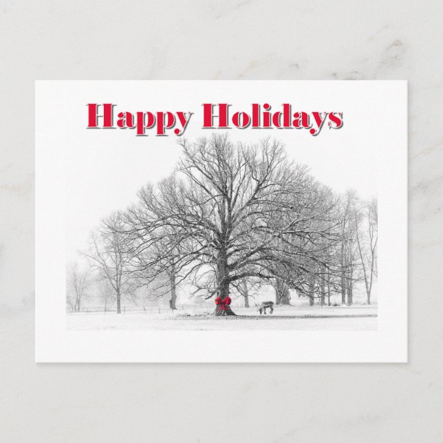 Winter Scene Holiday Card Red Bow  (Postcard) (Front)