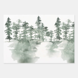 Winter Scene of Snowy Green and Grey Pines Wrapping Paper Sheet