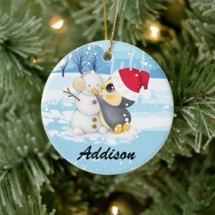 Winter Scene Penguin And Snowman With Name Ceramic Ornament