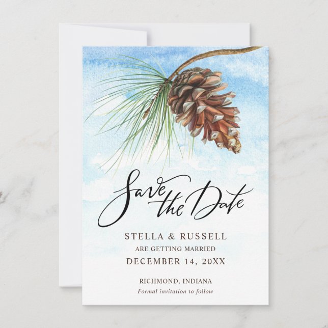 Winter Scene Pinecone Watercolor Save the Date (Front)