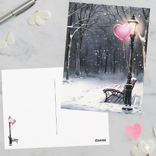 Winter Scene Pink Heart Balloon Valentine's Day Postcard