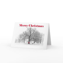 Winter Scene Red Bow Christmas Card (Folded)