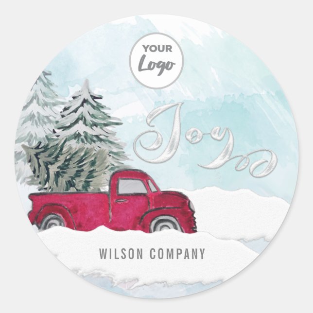 Winter scene red truck joy custom logo classic round sticker (Front)