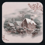 winter scene square sticker<br><div class="desc">winter Christmas, houses, snow, snowy, drawing, awesome, unique, romantic, winter scene, </div>