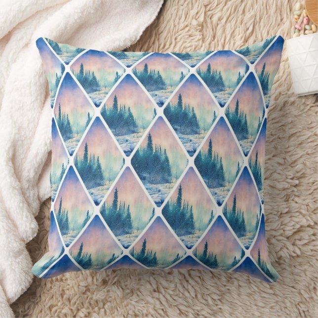 Winter Scene Tiled Pine Trees Forest Pink Sky Throw Pillow (Blanket)
