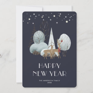 Winter Scene Watercolor Deer Blue New Year Card