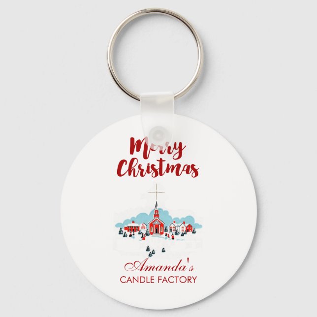 Winter Scene with a Red Church and Christmas Star Keychain (Front)