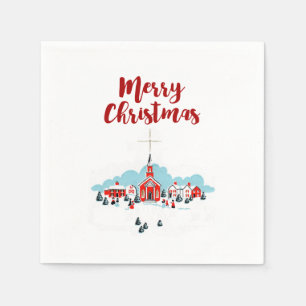 Winter Scene with a Red Church and Christmas Star Napkin