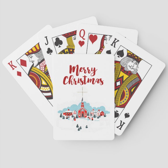 Winter Scene with a Red Church and Christmas Star Playing Cards (Back)