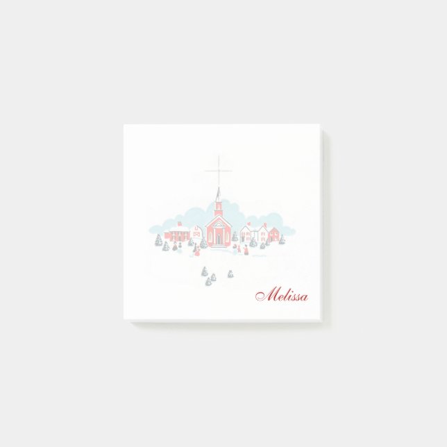 Winter Scene with a Red Church and Christmas Star Post-it Notes (Front)