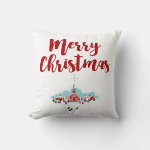 Winter Scene with a Red Church and Christmas Star Throw Pillow