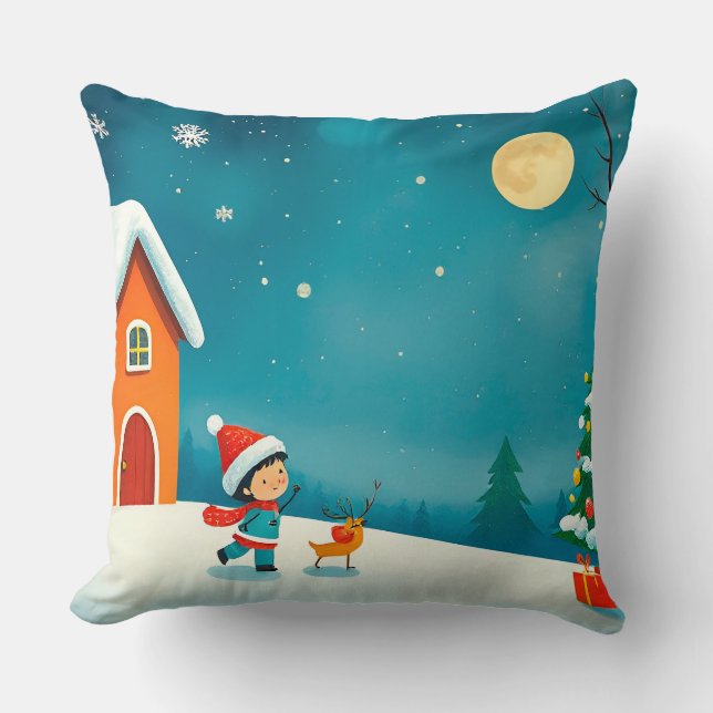 Winter Scene with Child, Reindeer, Christmas Tree Throw Pillow (Front)