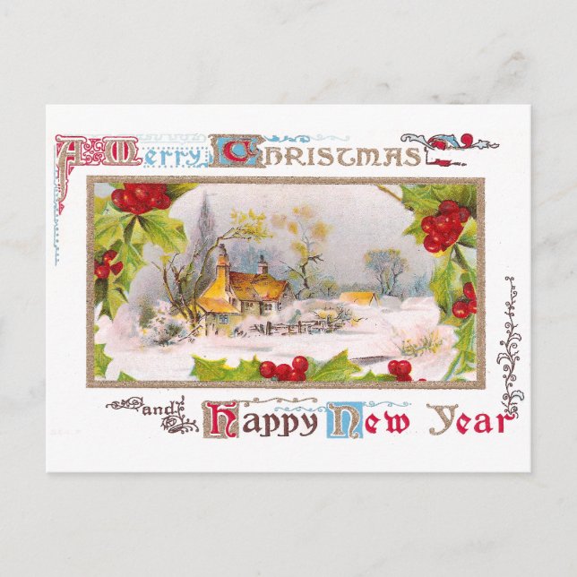 Winter Scene with Holly Surround Postcard (Front)