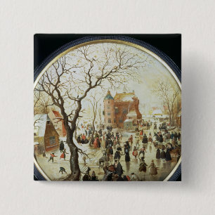 Winter Scene with Skaters near a Castle 2 Inch Square Button
