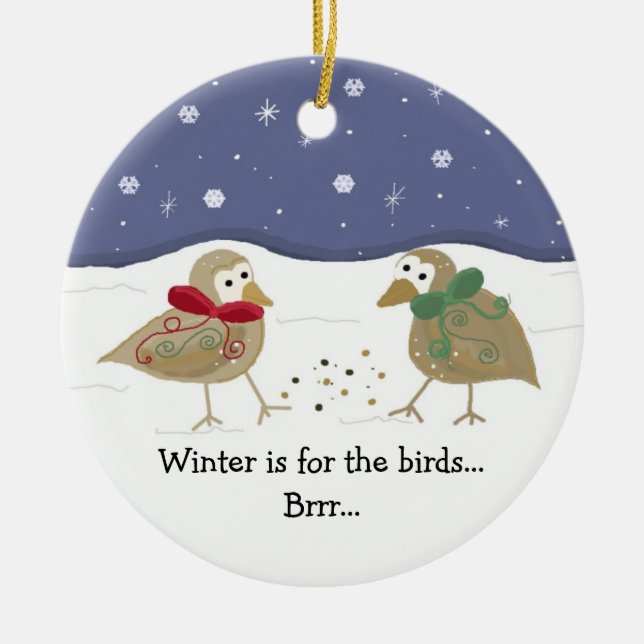 Winter Scene with Two Little Birds Ceramic Ornament (Front)