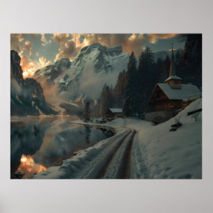 Winter scene with wooden buildings poster