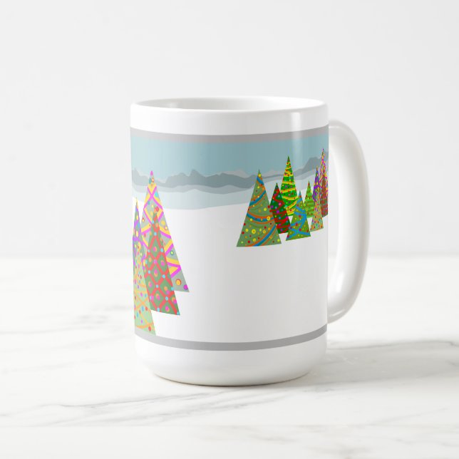 Winter scene with xmas trees coffee mug (Front Right)