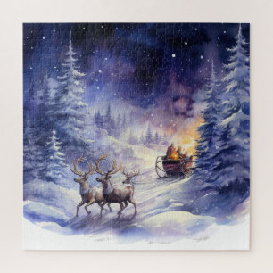 Winter Scenery Christmas Reindeer and Sleigh Jigsaw Puzzle