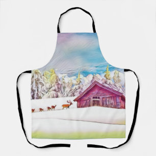 Winter Scenery Reindeer and Log Cabin Watercolor Apron