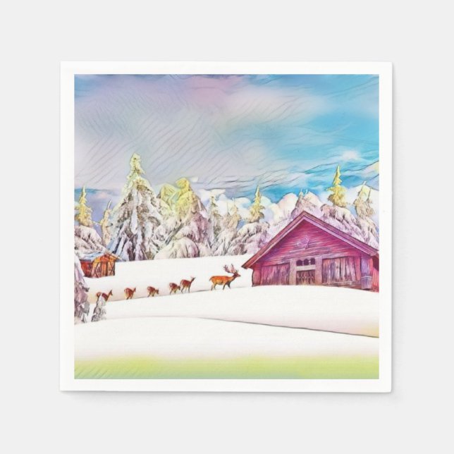 Winter Scenery Reindeer and Log Cabin Watercolor  Napkin (Front)