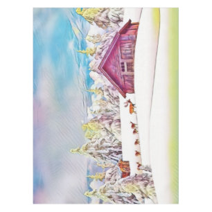 Winter Scenery Reindeer and Log Cabin Watercolor  Tablecloth