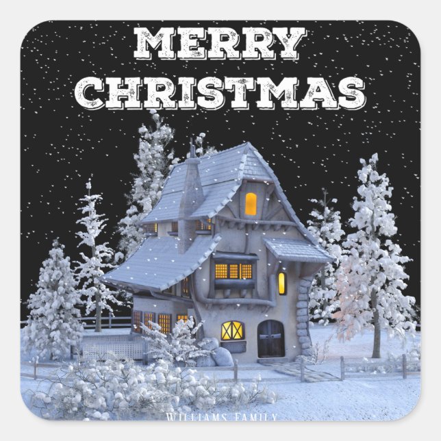 Winter Scenery Snowy House Merry Christmas Holiday Square Sticker (Front)