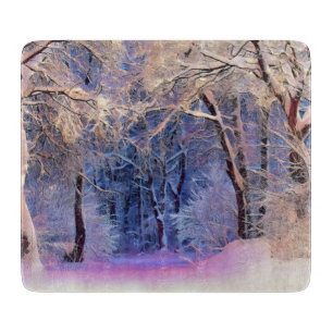 Winter scenery with snowed trees watercolor cutting board