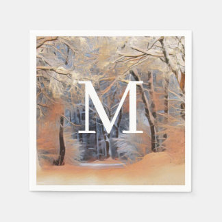 Winter scenery with snowed trees watercolor napkin