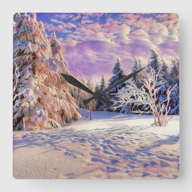 Winter scenery with snowed trees watercolor  square wall clock (Front)