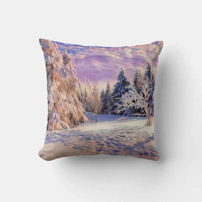 Winter scenery with snowed trees watercolor  throw pillow (Front)