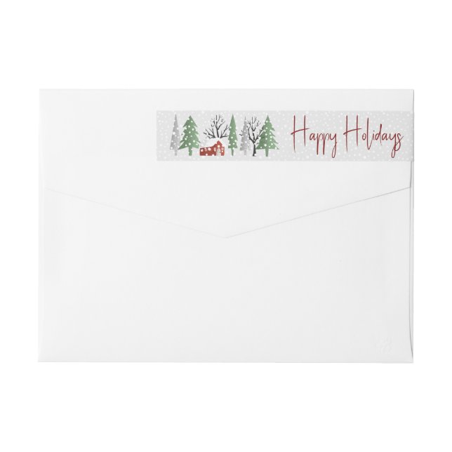 Winter scenery with trees and red house Christmas Wrap Around Label (Back)