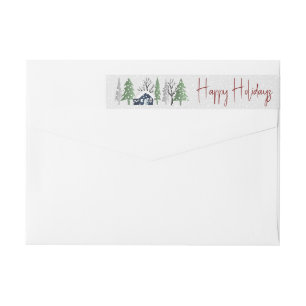 Winter scenery with trees, blue house Christmas Wrap Around Label