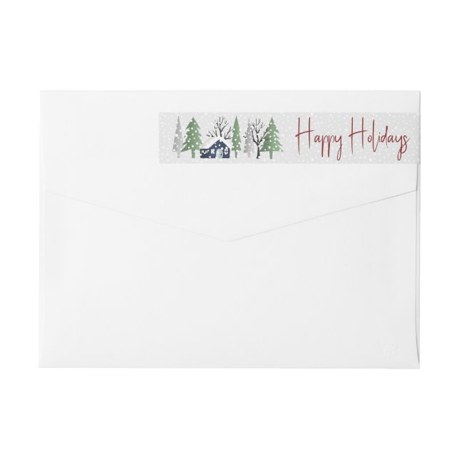 Winter scenery with trees, blue house Christmas Wrap Around Label (Back)