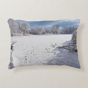 winter scenic along pond and forests of salem hill accent pillow
