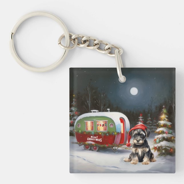 Winter Schnauzer Caravan Christmas Adventure Keychain (Front)
