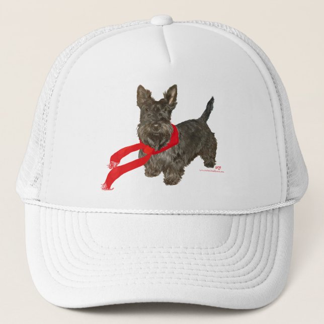 Winter Scottie in Wam Scarf Trucker Hat (Front)