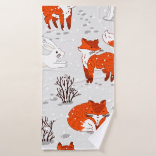 Winter seamless pattern with cute foxes and bunny. bath towel