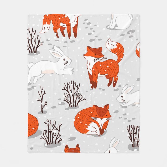 Winter seamless pattern with cute foxes and bunny. fleece blanket (Front)
