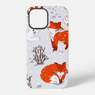 Winter seamless pattern with cute foxes and bunny. iPhone 12 case