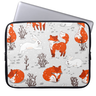 Winter seamless pattern with cute foxes and bunny. laptop sleeve