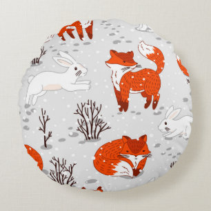 Winter seamless pattern with cute foxes and bunny. round pillow