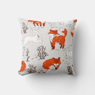 Winter seamless pattern with cute foxes and bunny. throw pillow