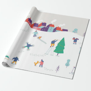 Winter season background people characters. Winter Wrapping Paper