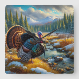 Winter Season First Snow Wild Turkey  Square Wall Clock