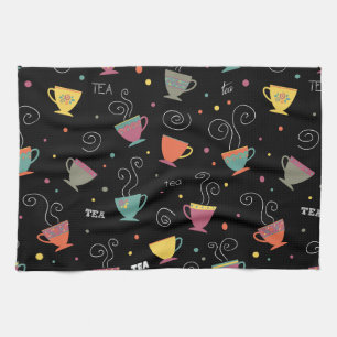 Winter seasonal steaming tea cups colourful design kitchen towel