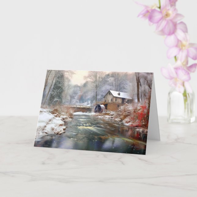 Winter Serenity: A Snow-Covered Watermill Card (Orchid)