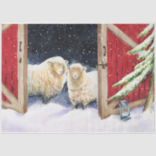 Winter Sheep in Red Barn Tissue Paper