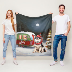 Winter Siberian Husky Caravan Christmas Adventure Fleece Blanket