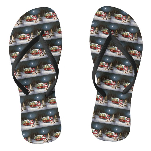 Winter Siberian Husky Caravan Christmas Adventure Flip Flops (Footbed)