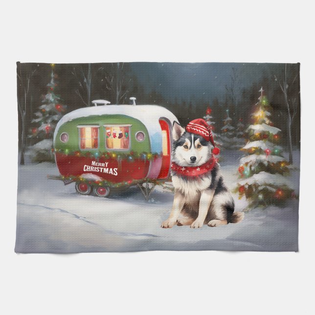 Winter Siberian Husky Caravan Christmas Adventure Kitchen Towel (Horizontal)